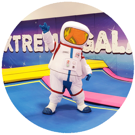 this is cosmo, Cosmic Air Trampoline Park's mascot ready to party